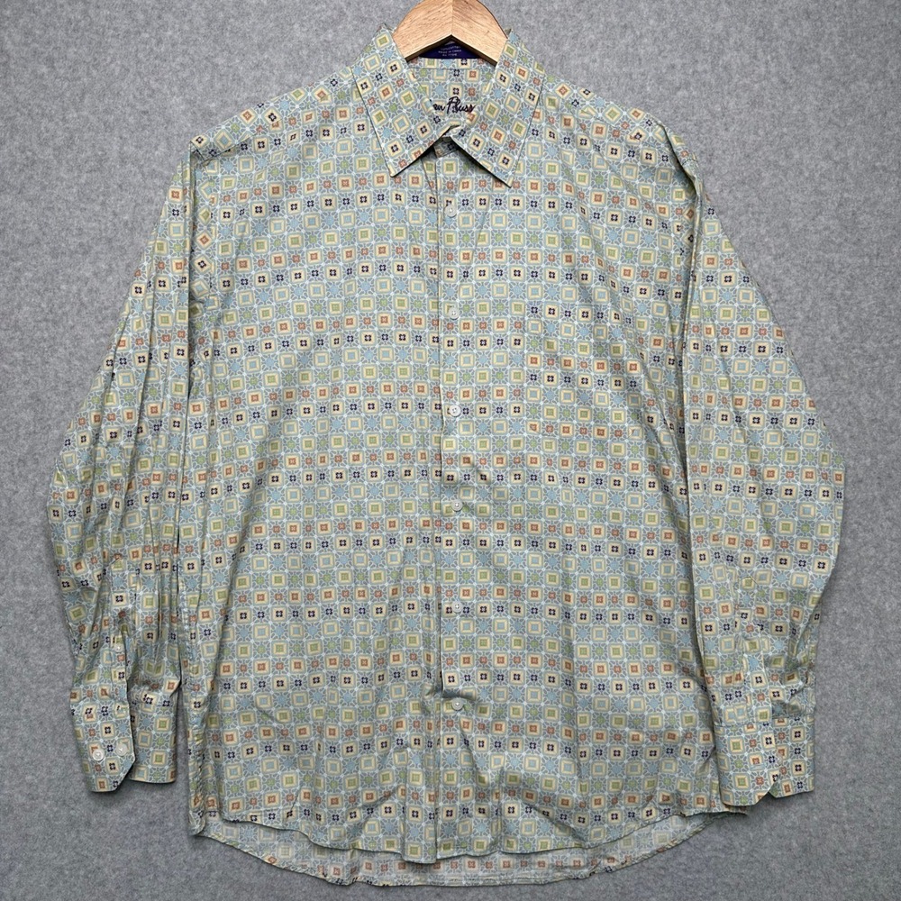 Alan Flusser Mens‎ Geometric Mosaic Print Cotton Button Down Shirt Yellow Blue L - Picture 2 of 6